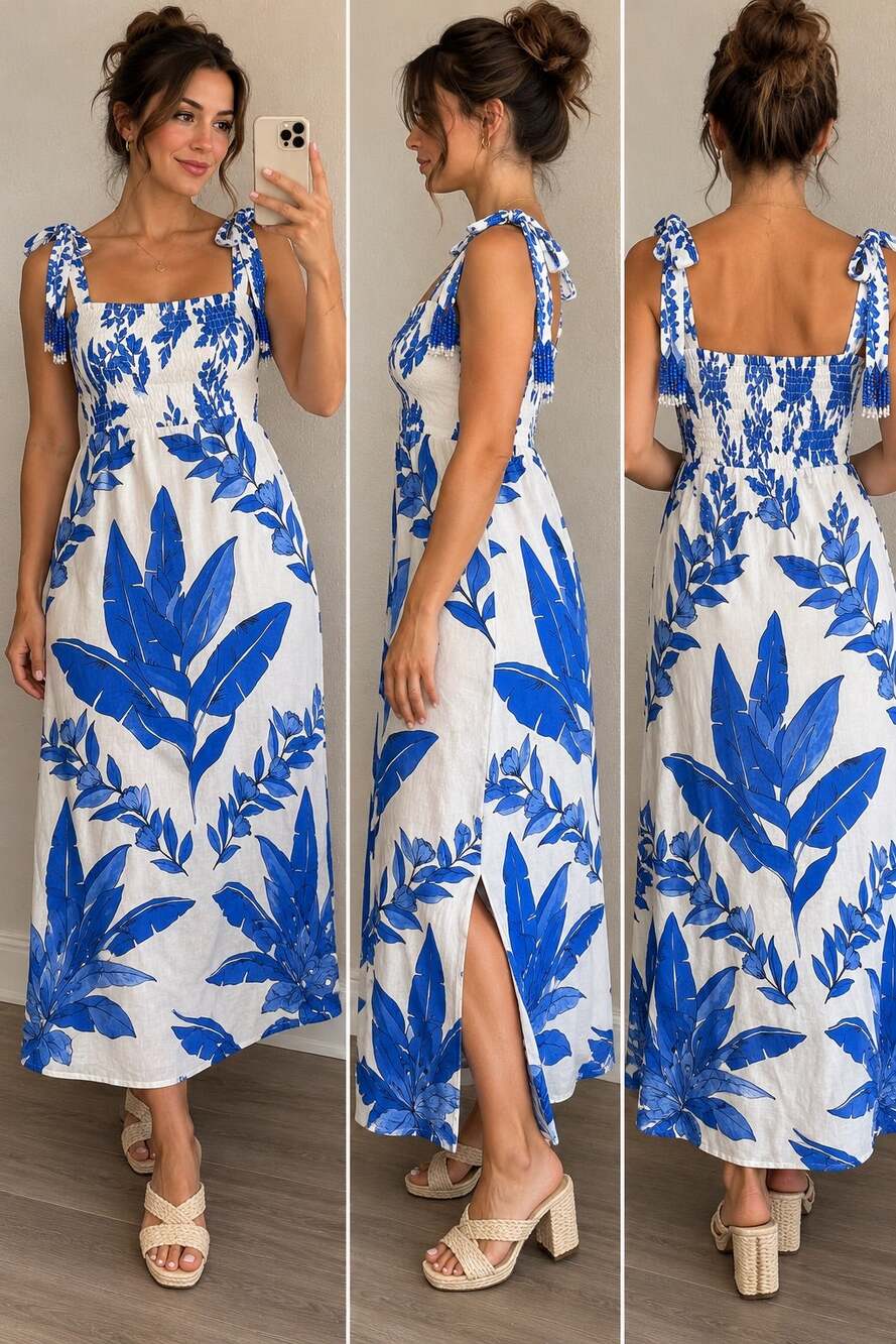 Calypso St. Barth Blue White Tropical Floral Linen Blend Smocked Midi Dress XL